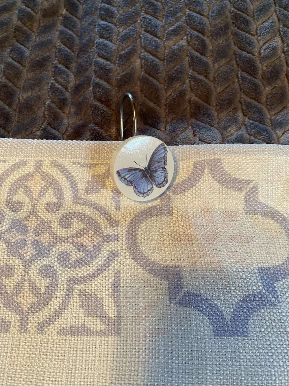 Butterfly Accent cream colored shower curtain and accessories